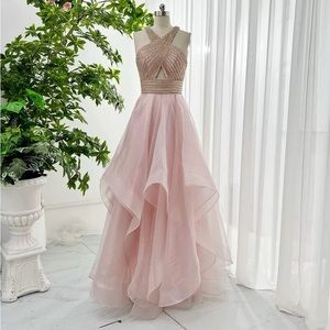 Size M pink sleeveless off-shoulder beaded slim A-line mesh layered dress